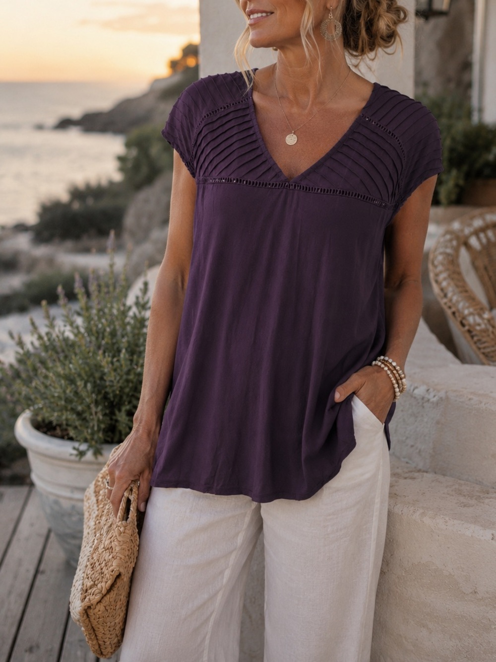 Plum Purple V Neck Blouse Top XXL Short Sleeve Relaxed Fit Coastal Grandma